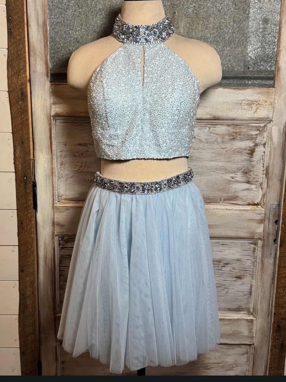 Sherri Hill Light Blue Beaded Two-Piece Halter Prom Dress